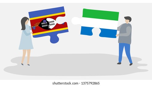 Couple holding two puzzles pieces with Swazi and Sierra Leonean flags. Swaziland and Sierra Leone national symbols together.