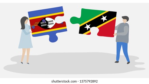 Couple holding two puzzles pieces with Swazi and Kittitian flags. Swaziland and Saint Kitts and Nevis national symbols together.