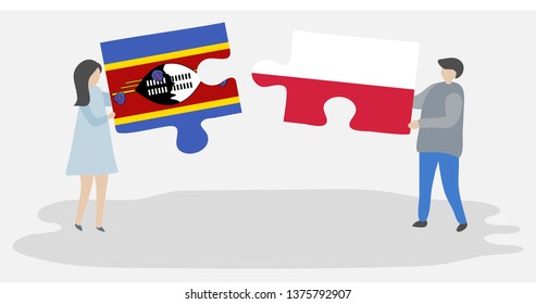 Couple holding two puzzles pieces with Swazi and Polish flags. Swaziland and Poland national symbols together.