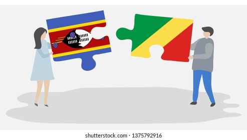 Couple holding two puzzles pieces with Swazi and Congolese flags. Swaziland and Republic of the Congo national symbols together.