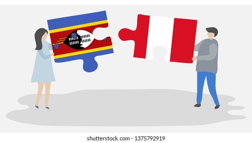 Couple holding two puzzles pieces with Swazi and Peruvian flags. Swaziland and Peru national symbols together.