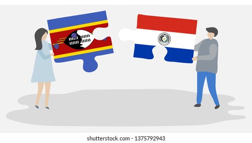 Couple holding two puzzles pieces with Swazi and Paraguayan flags. Swaziland and Paraguay national symbols together.