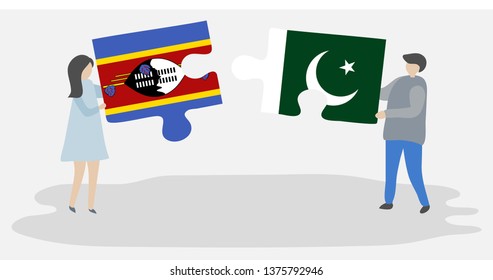 Couple holding two puzzles pieces with Swazi and Pakistani flags. Swaziland and Pakistan national symbols together.