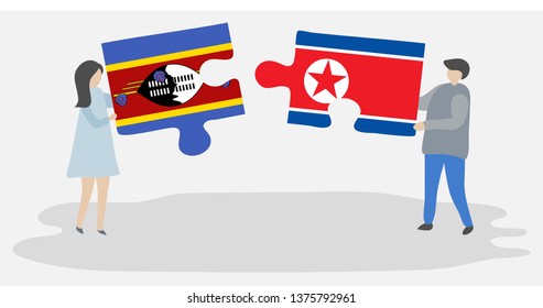 Couple holding two puzzles pieces with Swazi and North Korean flags. Swaziland and North Korea national symbols together.