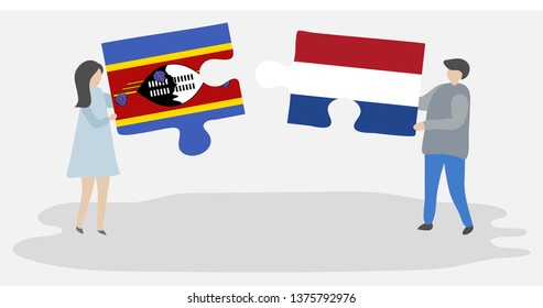Couple holding two puzzles pieces with Swazi and Dutch flags. Swaziland and Netherlands national symbols together.