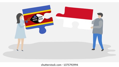Couple holding two puzzles pieces with Swazi and Monegasque flags. Swaziland and Monaco national symbols together.