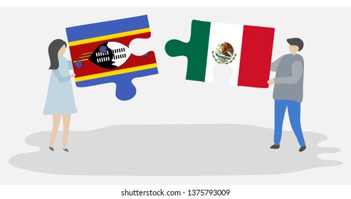 Couple holding two puzzles pieces with Swazi and Mexican flags. Swaziland and Mexico national symbols together.