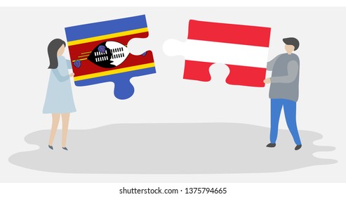 Couple holding two puzzles pieces with Swazi and Austrian flags. Swaziland and Austria national symbols together.