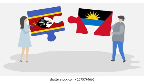Couple holding two puzzles pieces with Swazi and Antiguan flags. Swaziland and Antigua and Barbuda national symbols together.