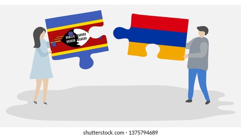 Couple holding two puzzles pieces with Swazi and Armenian flags. Swaziland and Armenia national symbols together.