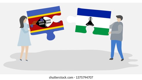 Couple holding two puzzles pieces with Swazi and Basotho flags. Swaziland and Lesotho national symbols together.
