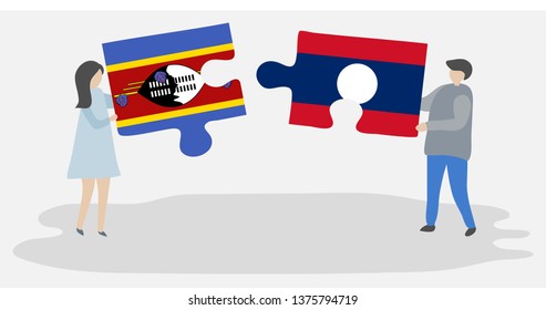 Couple holding two puzzles pieces with Swazi and Lao flags. Swaziland and Laos national symbols together.