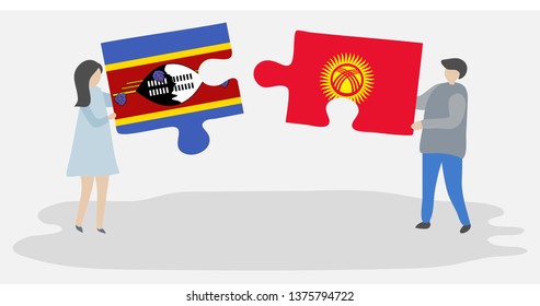 Couple holding two puzzles pieces with Swazi and Kirgiz flags. Swaziland and Kyrgyzstan national symbols together.
