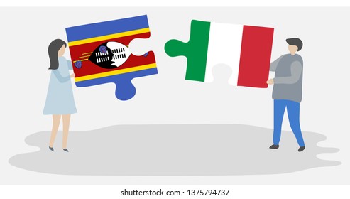 Couple holding two puzzles pieces with Swazi and Italian flags. Swaziland and Italy national symbols together.