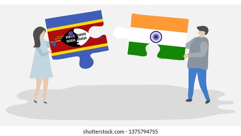 Couple holding two puzzles pieces with Swazi and Indian flags. Swaziland and India national symbols together.
