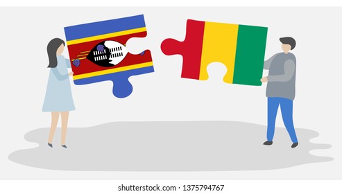 Couple holding two puzzles pieces with Swazi and Guinean flags. Swaziland and Guinea national symbols together.