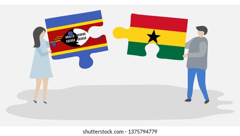 Couple holding two puzzles pieces with Swazi and Ghanaian flags. Swaziland and Ghana national symbols together.