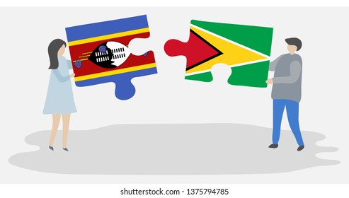 Couple holding two puzzles pieces with Swazi and Guyanese flags. Swaziland and Guyana national symbols together.