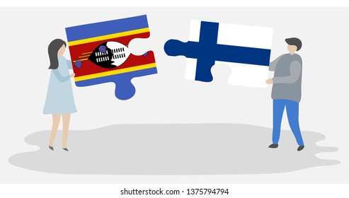 Couple holding two puzzles pieces with Swazi and Finnish flags. Swaziland and Finland national symbols together.