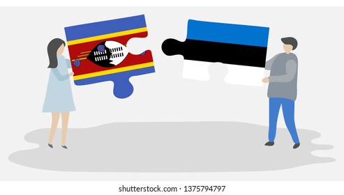 Couple holding two puzzles pieces with Swazi and Estonian flags. Swaziland and Estonia national symbols together.