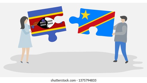 Couple holding two puzzles pieces with Swazi and Congolese flags. Swaziland and Democratic Republic of the Congo national symbols together.