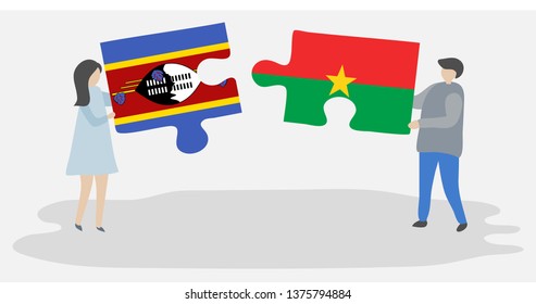 Couple holding two puzzles pieces with Swazi and Burkinabe flags. Swaziland and Burkina Faso national symbols together.