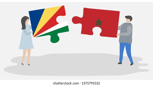 Couple holding two puzzles pieces with Seychellois and Moroccan flags. Seychelles and Morocco national symbols together.