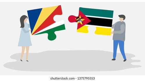 Couple holding two puzzles pieces with Seychellois and Mozambican flags. Seychelles and Mozambique national symbols together.