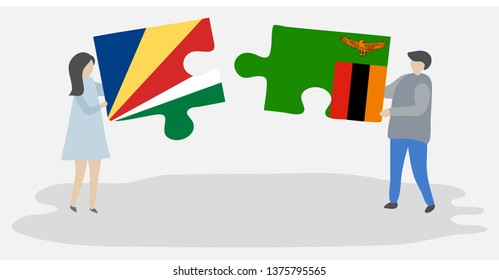 Couple holding two puzzles pieces with Seychellois and Zambian flags. Seychelles and Zambia national symbols together.