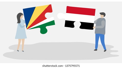 Couple holding two puzzles pieces with Seychellois and Yemeni flags. Seychelles and Yemen national symbols together.