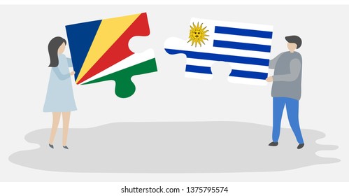Couple holding two puzzles pieces with Seychellois and Uruguayan flags. Seychelles and Uruguay national symbols together.