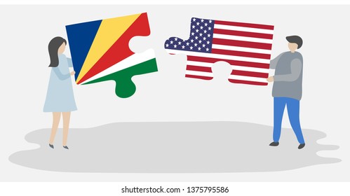 Couple holding two puzzles pieces with Seychellois and American flags. Seychelles and United States of America national symbols together.