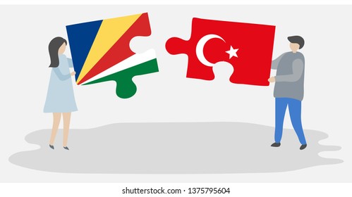Couple holding two puzzles pieces with Seychellois and Turkish flags. Seychelles and Turkey national symbols together.