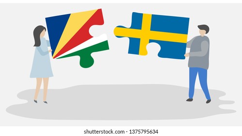 Couple holding two puzzles pieces with Seychellois and Swedish flags. Seychelles and Sweden national symbols together.
