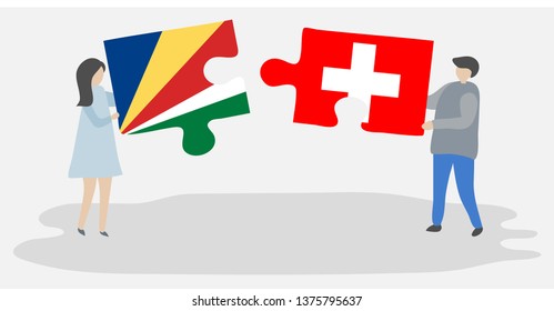 Couple holding two puzzles pieces with Seychellois and Swiss flags. Seychelles and Switzerland national symbols together.