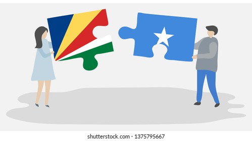 Couple holding two puzzles pieces with Seychellois and Somali flags. Seychelles and Somalia national symbols together.