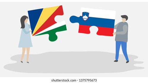 Couple holding two puzzles pieces with Seychellois and Slovenian flags. Seychelles and Slovenia national symbols together.