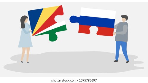 Couple holding two puzzles pieces with Seychellois and Russian flags. Seychelles and Russia national symbols together.