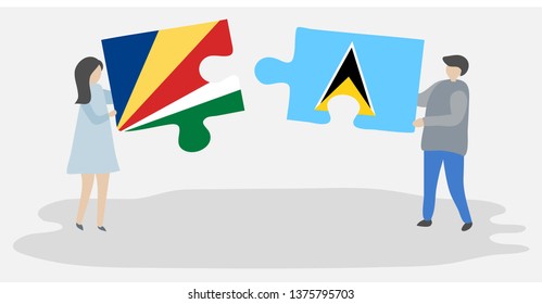 Couple holding two puzzles pieces with Seychellois and Saint Lucian flags. Seychelles and Saint Lucia national symbols together.