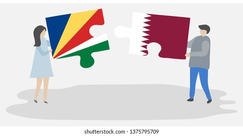 Couple holding two puzzles pieces with Seychellois and Qatari flags. Seychelles and Qatar national symbols together.