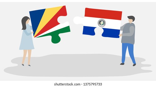 Couple holding two puzzles pieces with Seychellois and Paraguayan flags. Seychelles and Paraguay national symbols together.