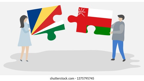 Couple holding two puzzles pieces with Seychellois and Omani flags. Seychelles and Oman national symbols together.