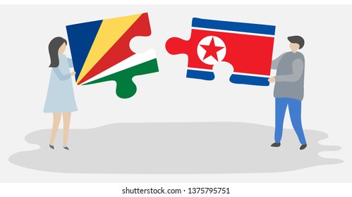 Couple holding two puzzles pieces with Seychellois and North Korean flags. Seychelles and North Korea national symbols together.