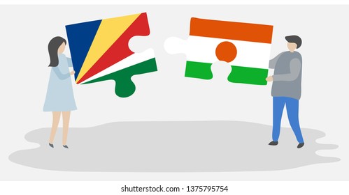 Couple holding two puzzles pieces with Seychellois and Nigerien flags. Seychelles and Niger national symbols together.