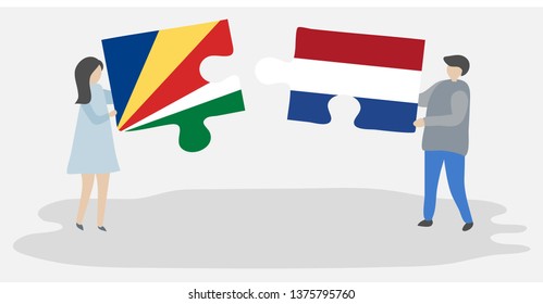 Couple holding two puzzles pieces with Seychellois and Dutch flags. Seychelles and Netherlands national symbols together.