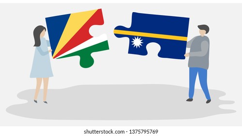 Couple holding two puzzles pieces with Seychellois and Nauruan flags. Seychelles and Nauru national symbols together.