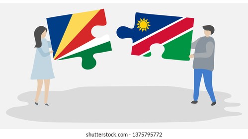 Couple holding two puzzles pieces with Seychellois and Namibian flags. Seychelles and Namibia national symbols together.