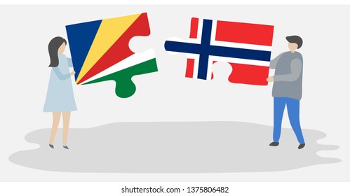 Couple holding two puzzles pieces with Seychellois and Norwegian flags. Seychelles and Norway national symbols together.
