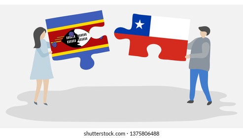 Couple holding two puzzles pieces with Swazi and Chilean flags. Swaziland and Chile national symbols together.