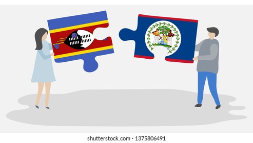 Couple holding two puzzles pieces with Swazi and Belizean flags. Swaziland and Belize national symbols together.